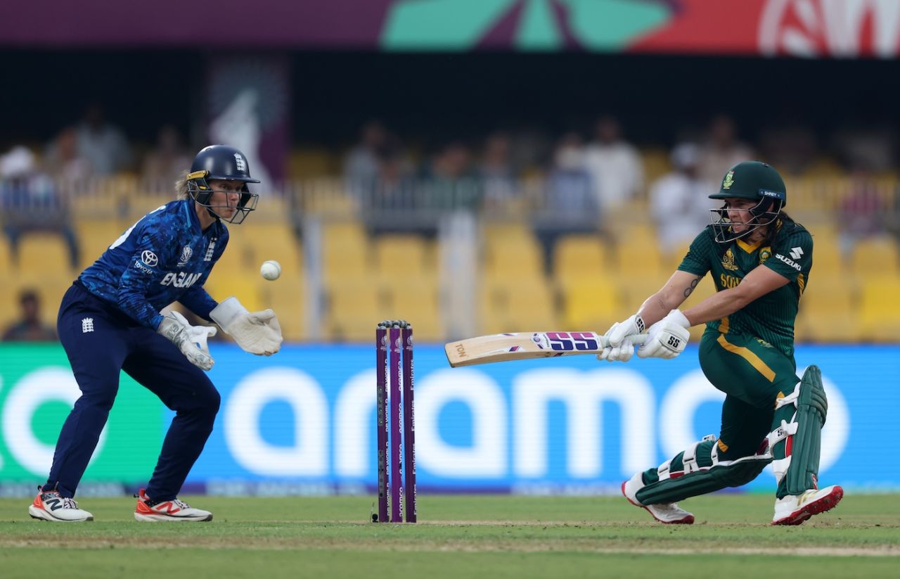 Tazmin Brits plays the reverse sweep, England vs South Africa, Women's World Cup semi-final, Guwahati, October 29, 2025