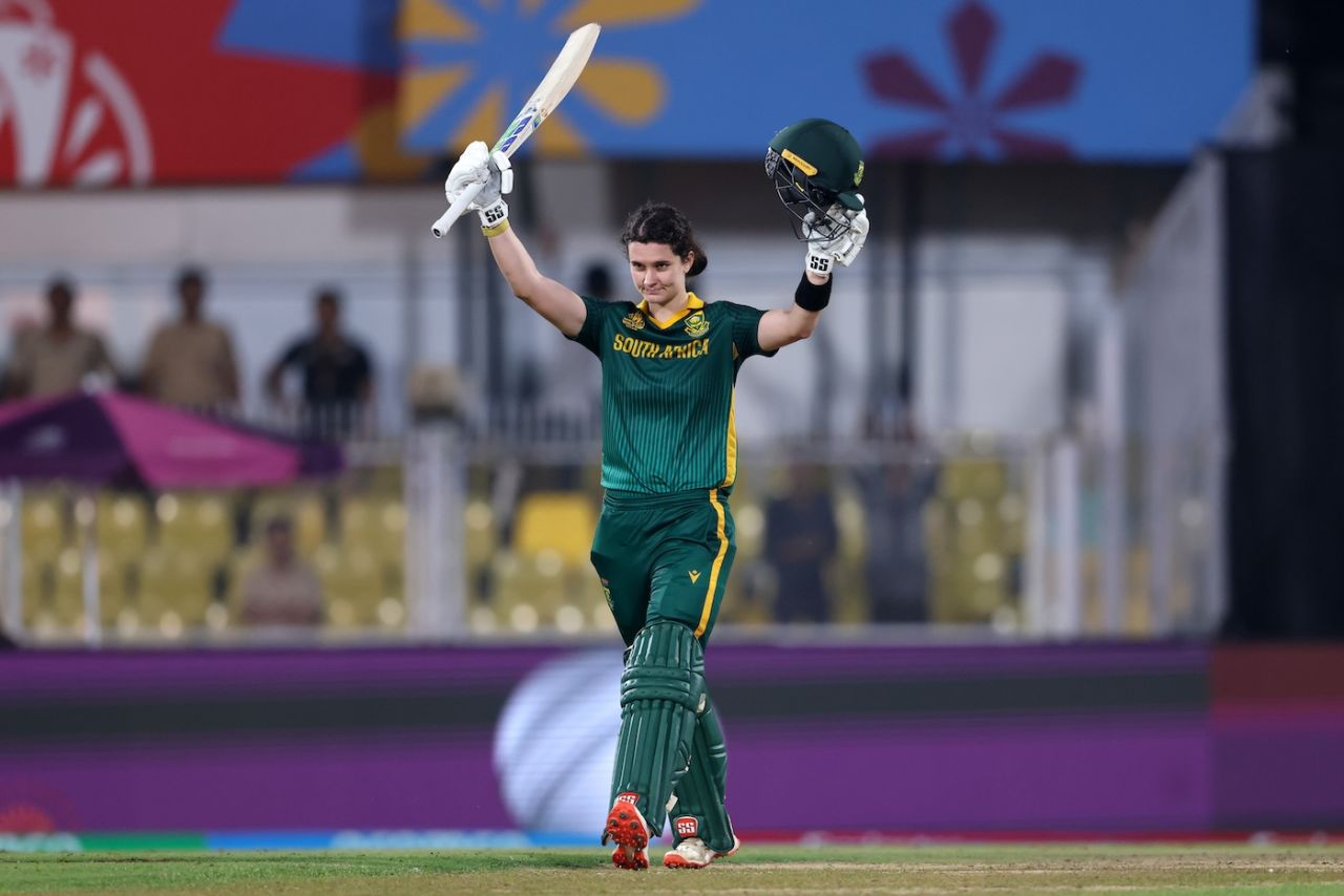 Laura Wolvaardt celebrates her hundred, England vs South Africa, Women's World Cup semi-final, Guwahati, October 29, 2025