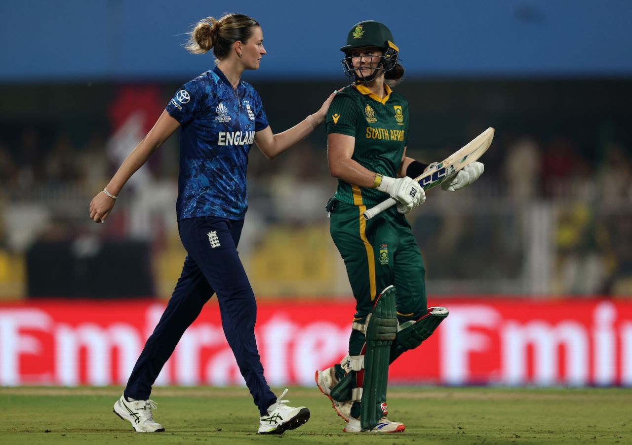 Lauren Bell congratulates Laura Wolvaardt on a terrific innings, England vs South Africa, Women's World Cup semi-final, Guwahati, October 29, 2025