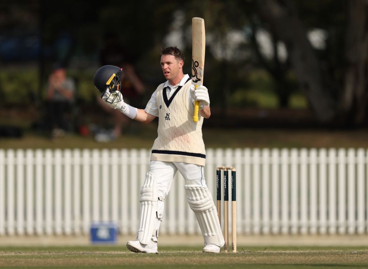 Marcus Harris celebrated his eighth century at the Junction Oval, Victoria vs Tasmania, Melbourne, Sheffield Shield, October 30, 2025