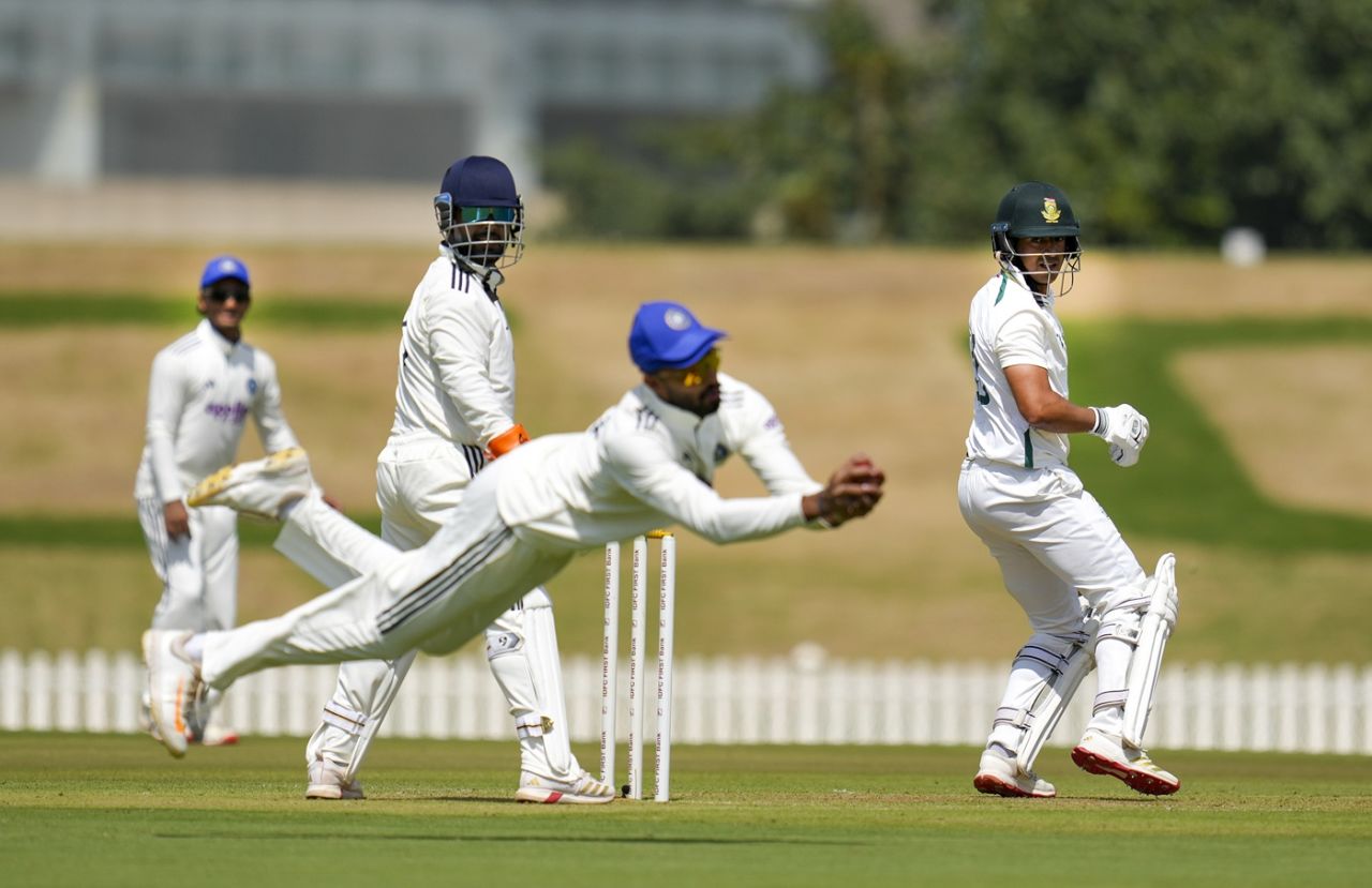 Devdutt Padikkal makes a stop as Rishabh Pant looks on, India A vs South Africa A, 1st unofficial Test, 1st day, CoE 1, October 30, 2025