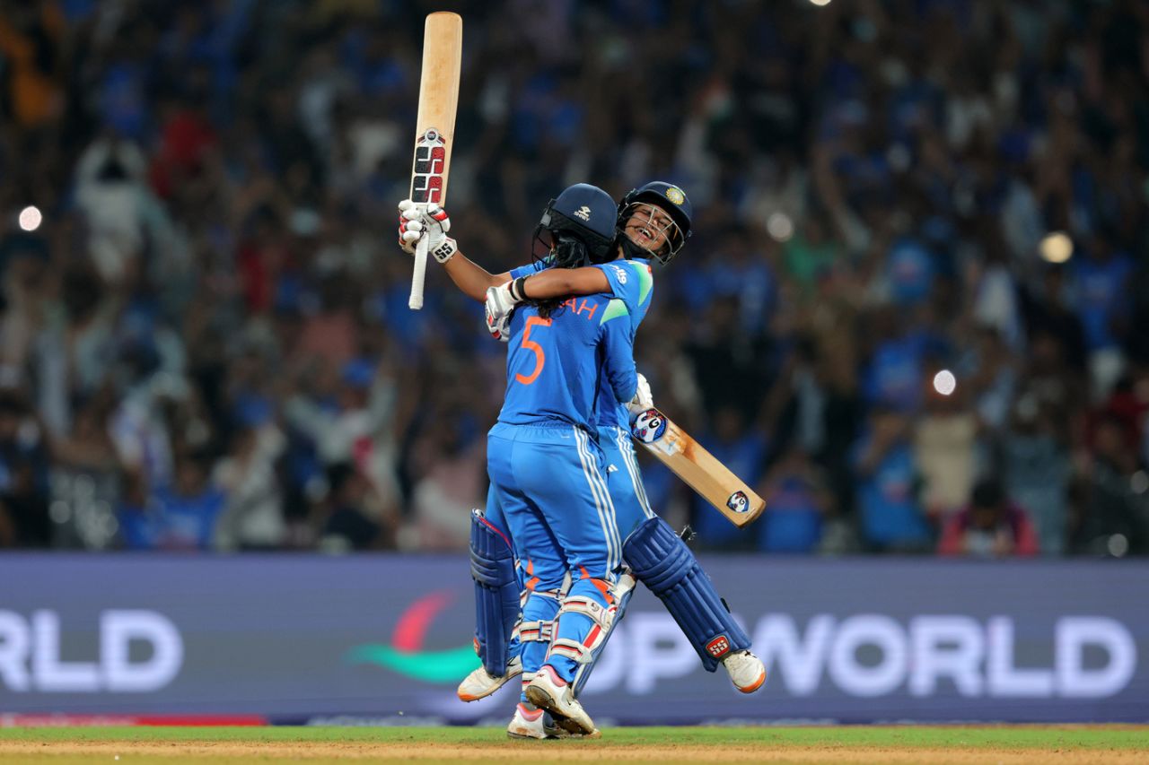 Jemimah Rodrigues and Amanjot Kaur embrace in the middle, India vs Australia, Women's World Cup semi-final, Navi Mumbai, October 30, 2025