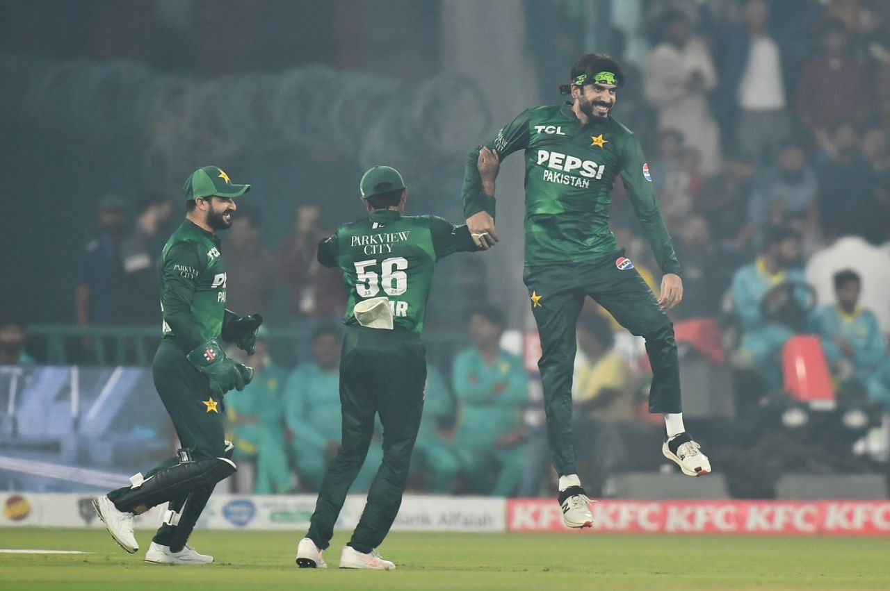 Usman Tariq celebrates his first catch in international cricket, Pakistan vs South Africa, 3rd T20I, Lahore, November 1, 2025