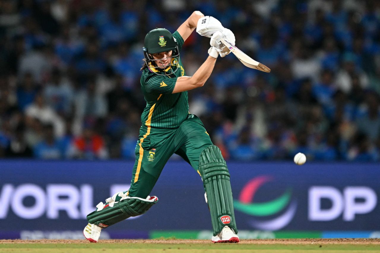 Tazmin Brits plays a shot in the opening overs of the chase, India vs South Africa, Women's World Cup final, Navi Mumbai, November 2, 2025
