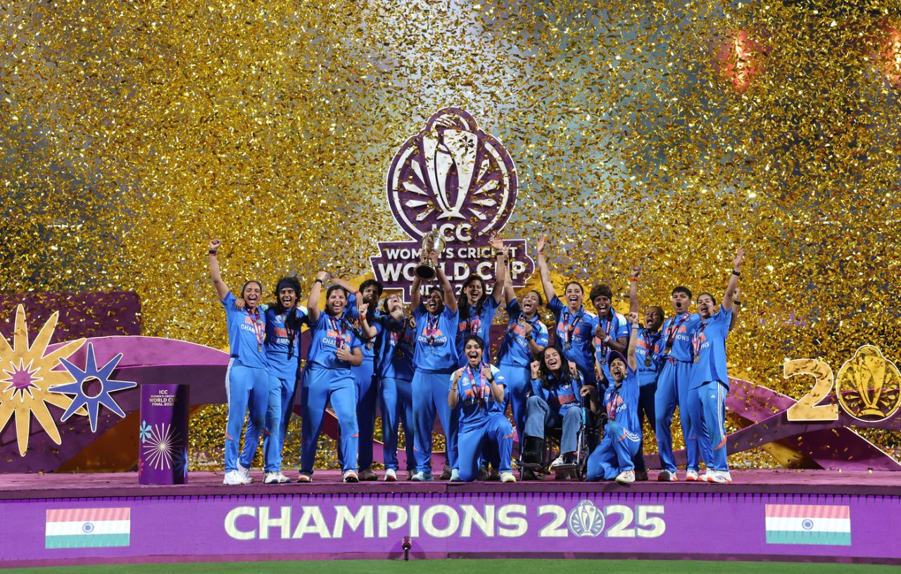The India team lifts a long-awaited World Cup trophy, India vs South Africa, Women's World Cup final, Navi Mumbai, November 2, 2025
