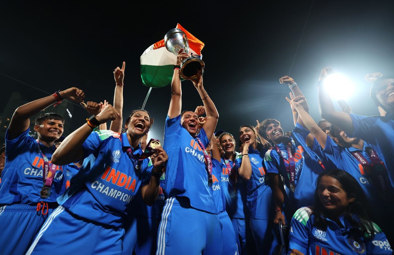 The Indian women's team lifted their maiden ODI World Cup trophy, India vs South Africa, Women's World Cup final, Navi Mumbai, November 2, 2025