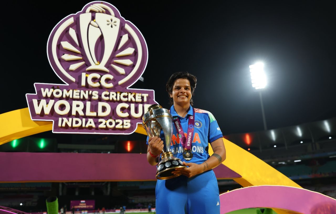Shafali Verma poses with the World Cup trophy, India vs South Africa, Women's ODI World Cup final, Navi Mumbai, November 2, 2025
