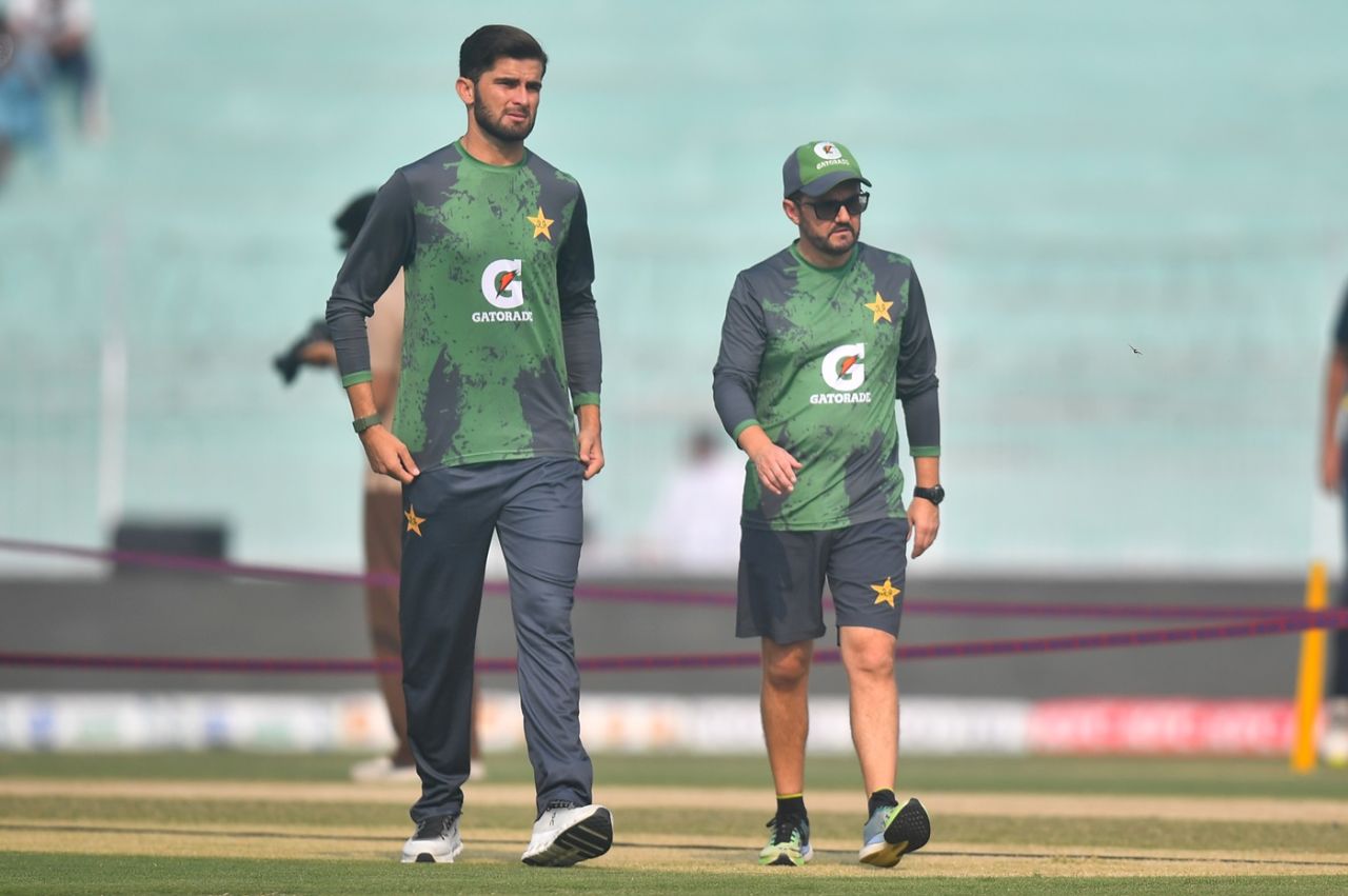 The new Pakistan captain-coach combo of Shaheen Shah Afridi and Mike Hesson walk back after looking at the pitch, Pakistan vs South Africa, 1st ODI, Faisalabad, November 4, 2025