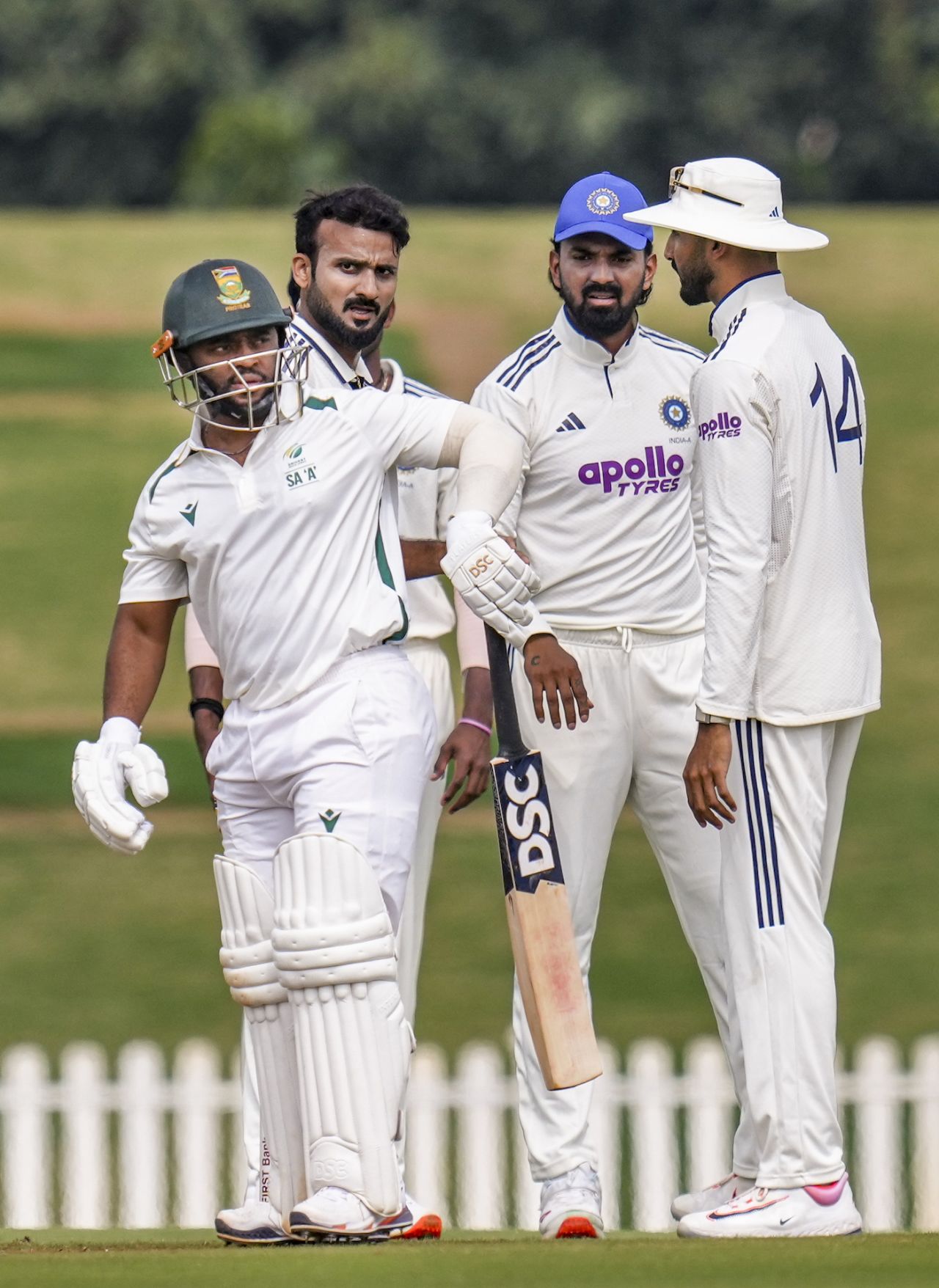 Temba Bavuma has a chat with Devdutt Padikkal after being dismissed by Akash Deep, India A vs South Africa A, 2nd unofficial Test, 2nd day, Bengaluru, November 7, 2025