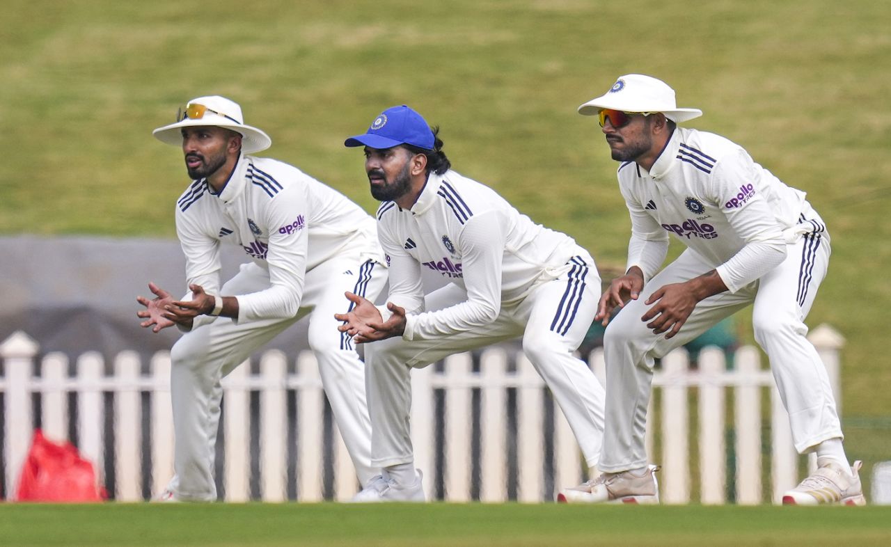 Devdutt Padikkal, KL Rahul, and Dhruv Jurel get set in the cordon, India A vs South Africa A, 2nd unofficial Test, 2nd day, Bengaluru, November 7, 2025