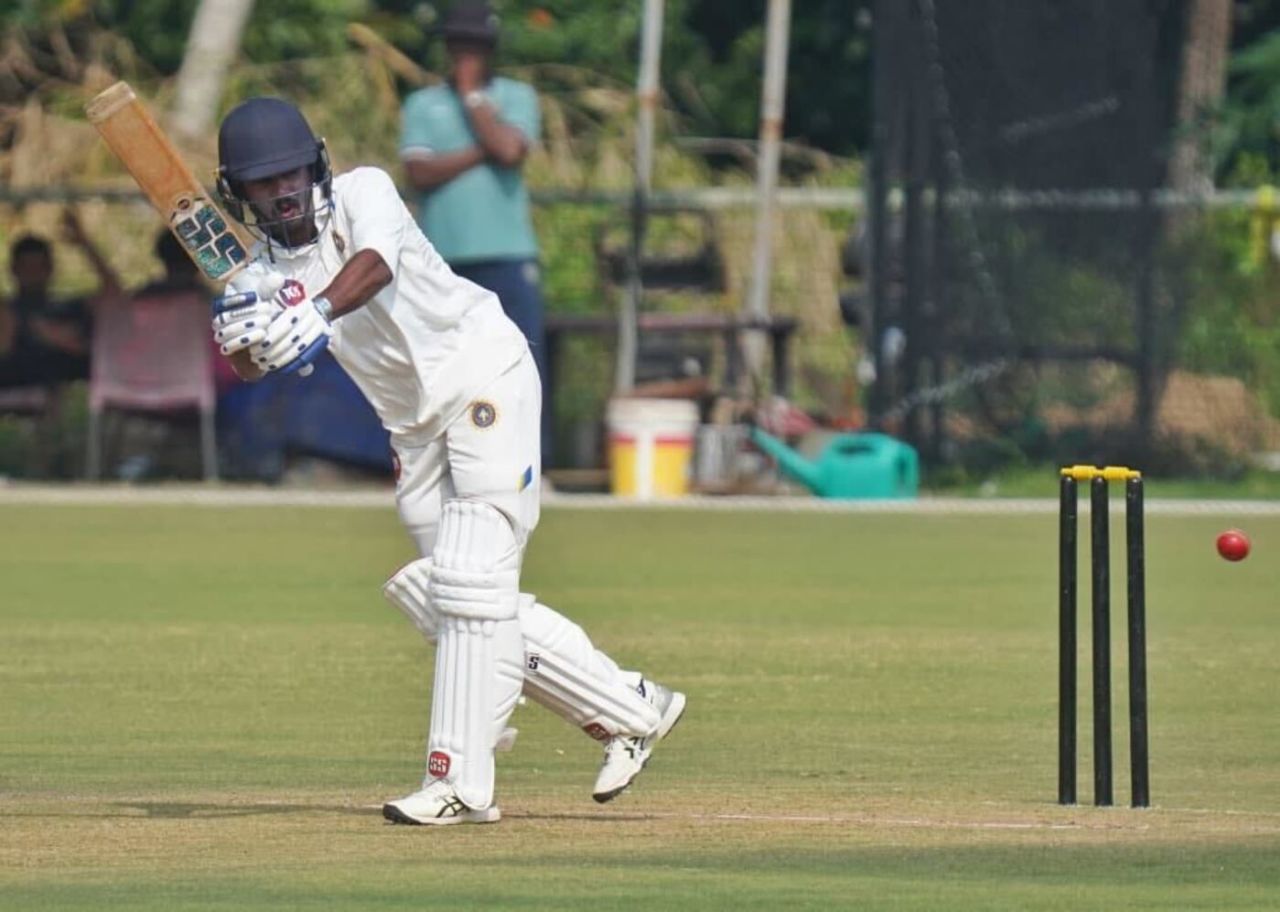 Rohan Kunnummal plays a shot, Kerala vs Saurasthra, Ranji Trophy, 2nd day, Mangalapuram, November 9, 2025