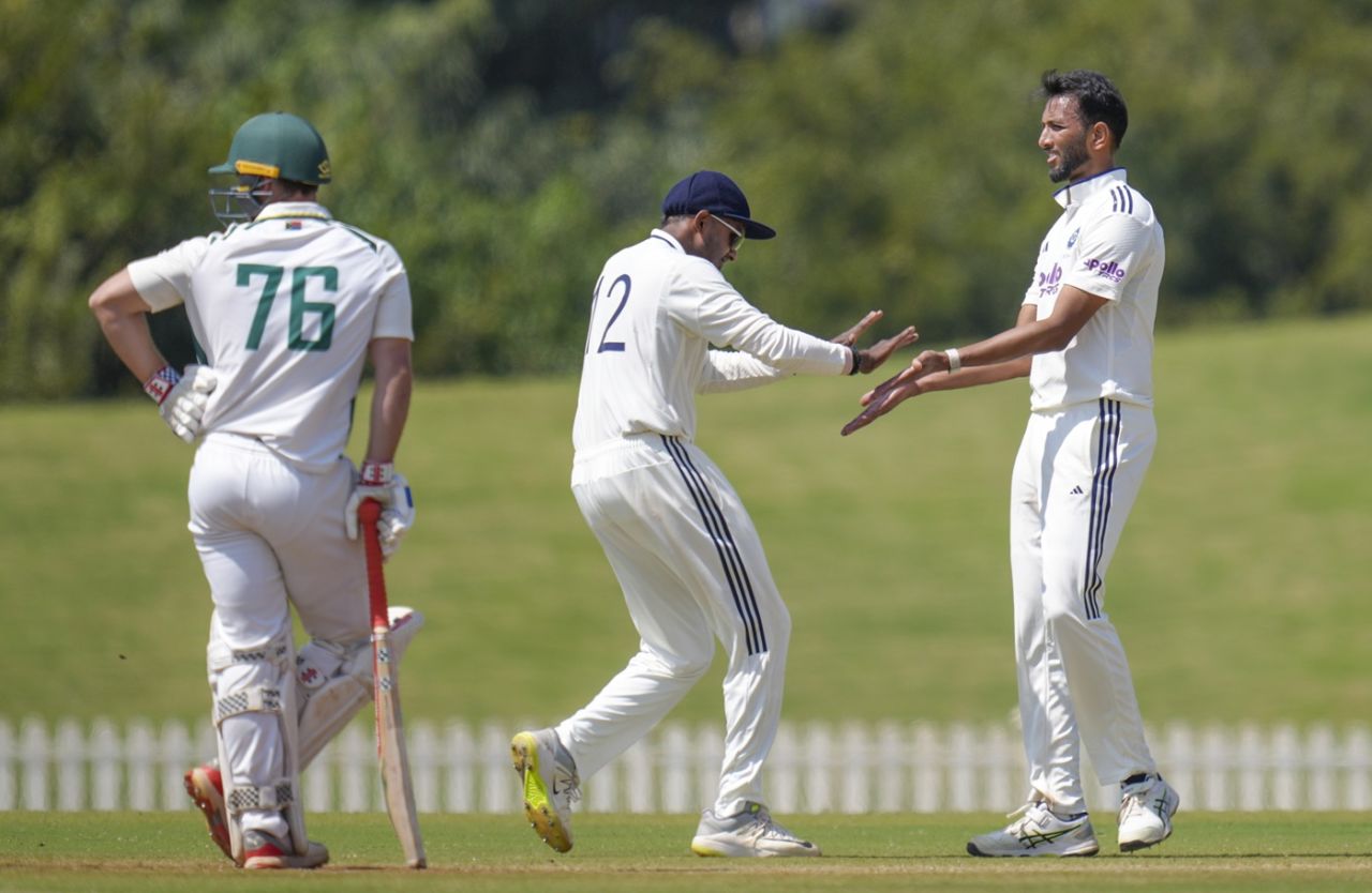 Prasidh Krishna celebrates a wicket, India A vs South Africa A, 2nd unofficial Test, 4th day, Bengaluru, November 9, 2025