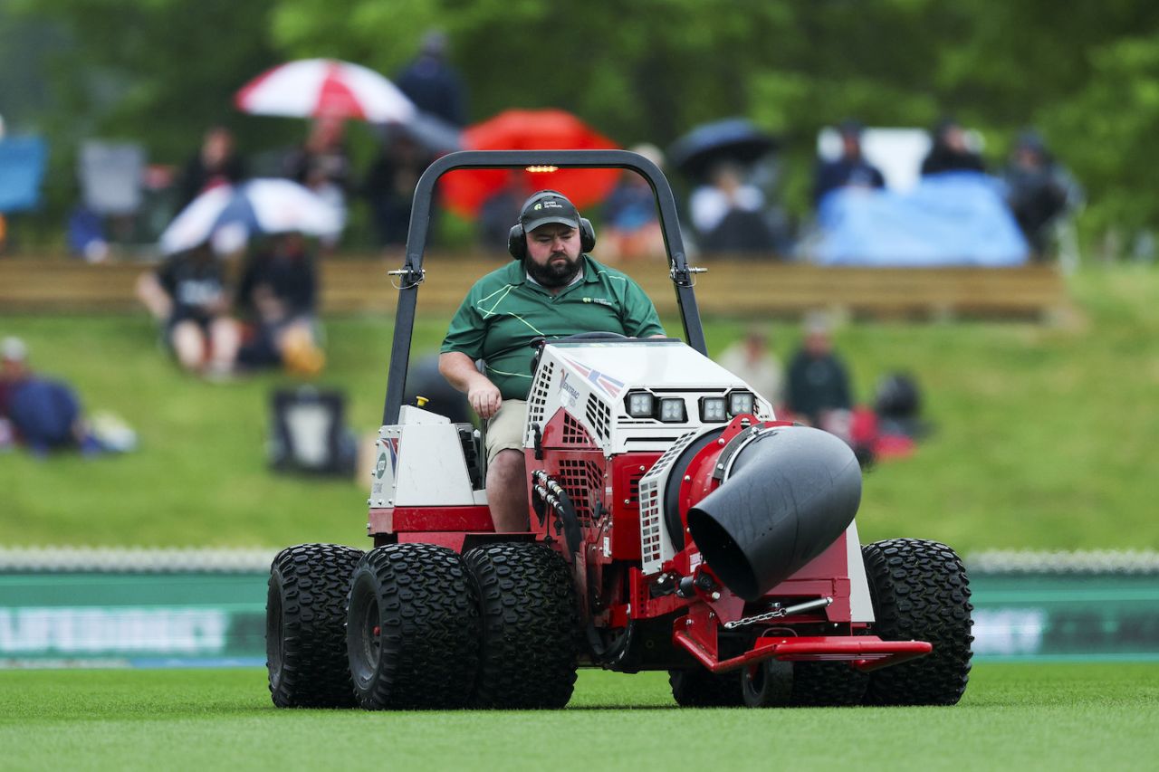 A member of the Nelson groundstaff drives a turbine blower as rain falls, New Zealand vs West Indies, 4th T20I, Nelson, November 10, 2025