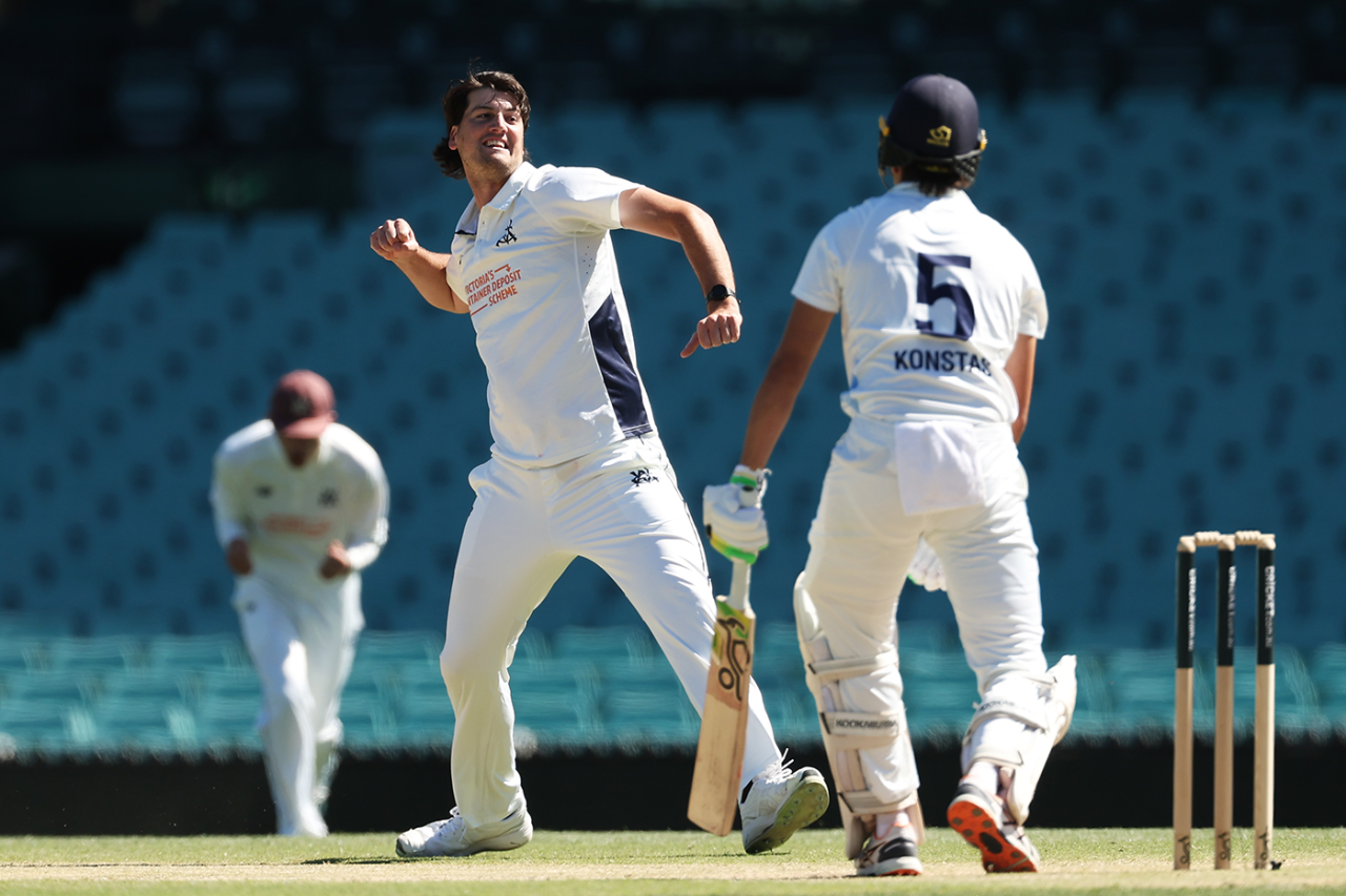 Sam Elliott celebrates the wicket of Sam Konstas, New South Wales vs Victoria, Sheffield Shield, SCG, November 12, 2025