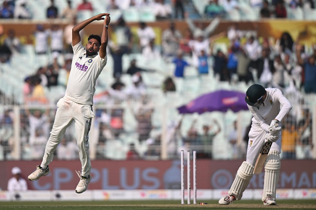 Mohammed Siraj celebrates after cleaning up Marco Jansen, India vs South Africa, 1st Test, Kolkata, 1st day, November 14, 2025