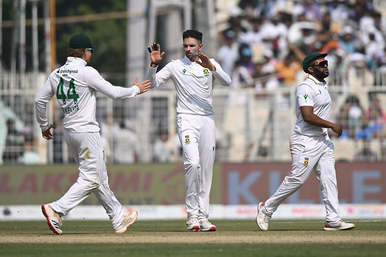 Keshav Maharaj celebrates the wicket of KL Rahul, India vs South Africa, 1st Test, Kolkata, 2nd day, November 15, 2025