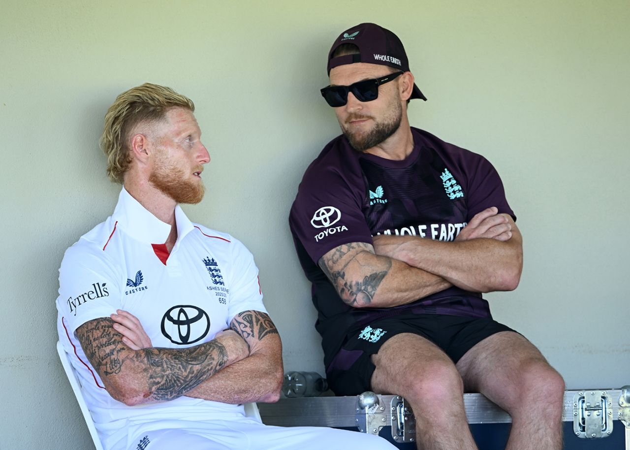 Ben Stokes and Brendon McCullum chat on the sidelines, England XI vs England Lions, Tour match, Lilac Hill, November 15, 2025