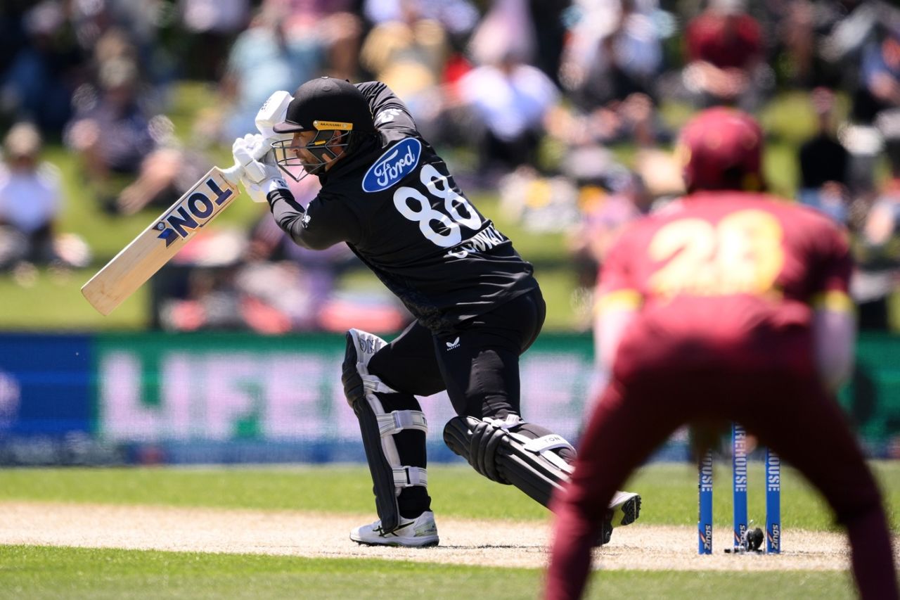 Devon Conway leans into the drive, New Zealand vs West Indies, 1st ODI, Christchurch, November 16, 2025