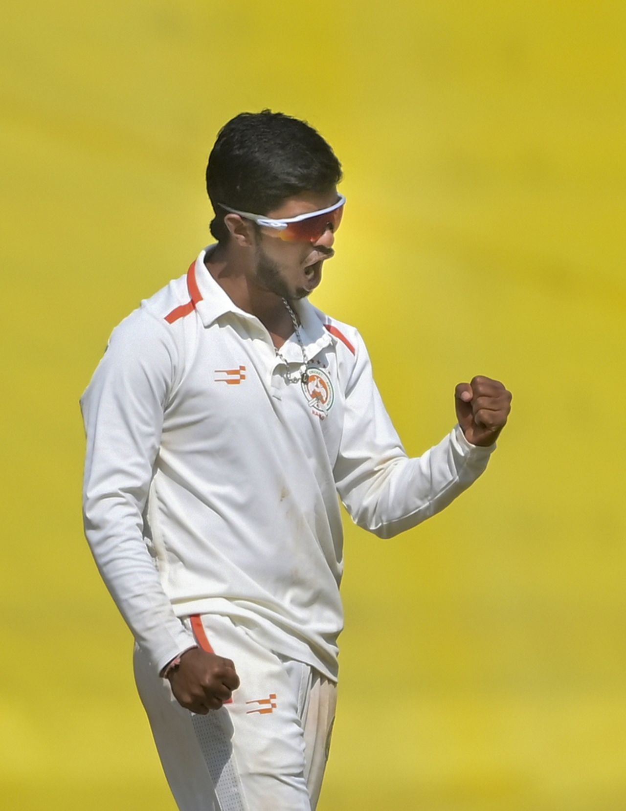 Ninad Rathva celebrates after dismissing Akshay Wadkar, Vidarbha vs Baroda, 1st day, Nagpur, Ranji Trophy, November 16, 2025