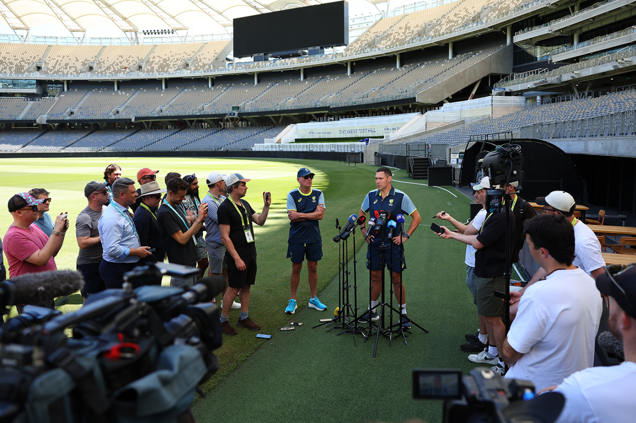 Scott Boland speaks the media at the start of Test week in Perth, Optus Stadium, November 17, 2025