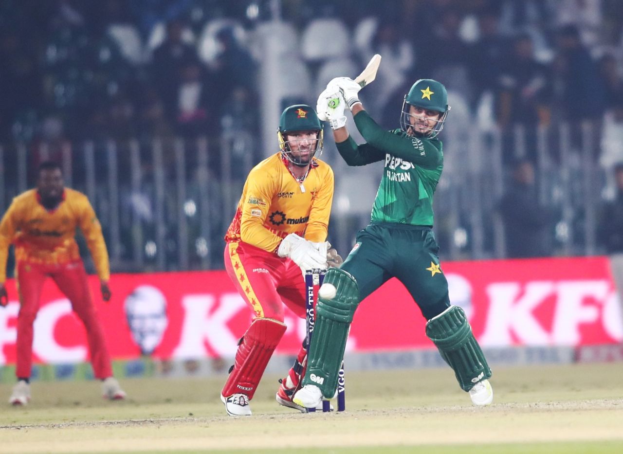 Saim Ayub flat-bats a shot, Pakistan v Zimbabwe, 1st match, T20 tri-series, Rawalpindi, November 18, 2025