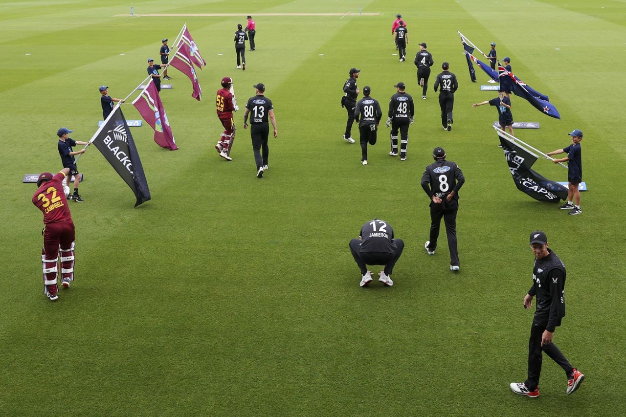 The New Zealand and West Indies players go out to play, New Zealand vs West Indies, 2nd ODI, Napier, November 19, 2025