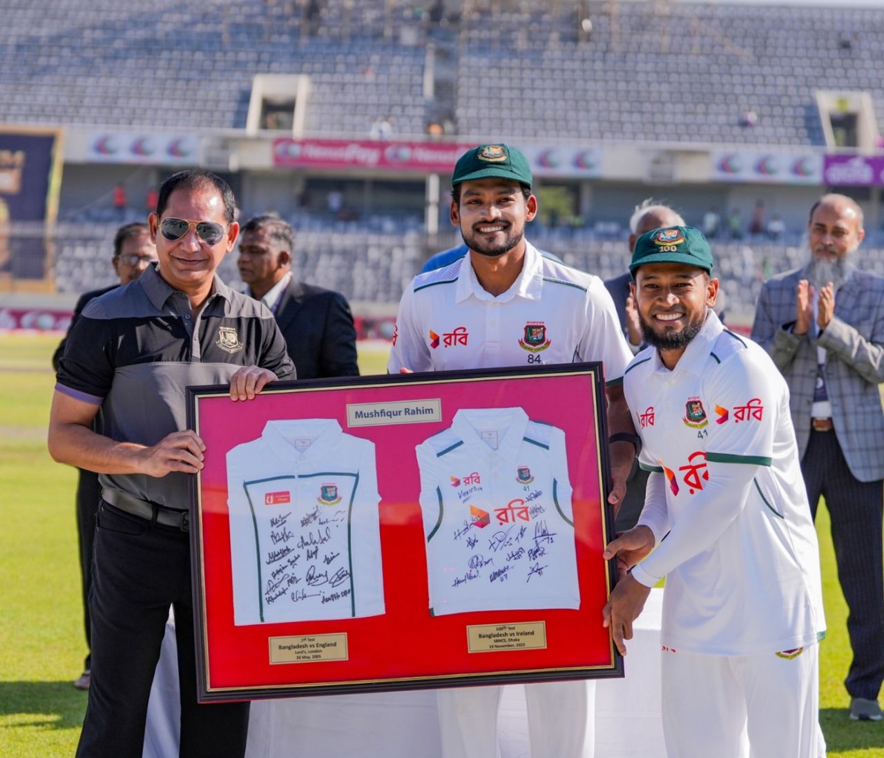 Mushfiqur Rahim receives a couple of special jerseys ahead of his 100th Test from Najmul Hossain Shanto, Bangladesh vs Ireland, Day 1, 2nd Test, Mirpur, November 19, 2025 