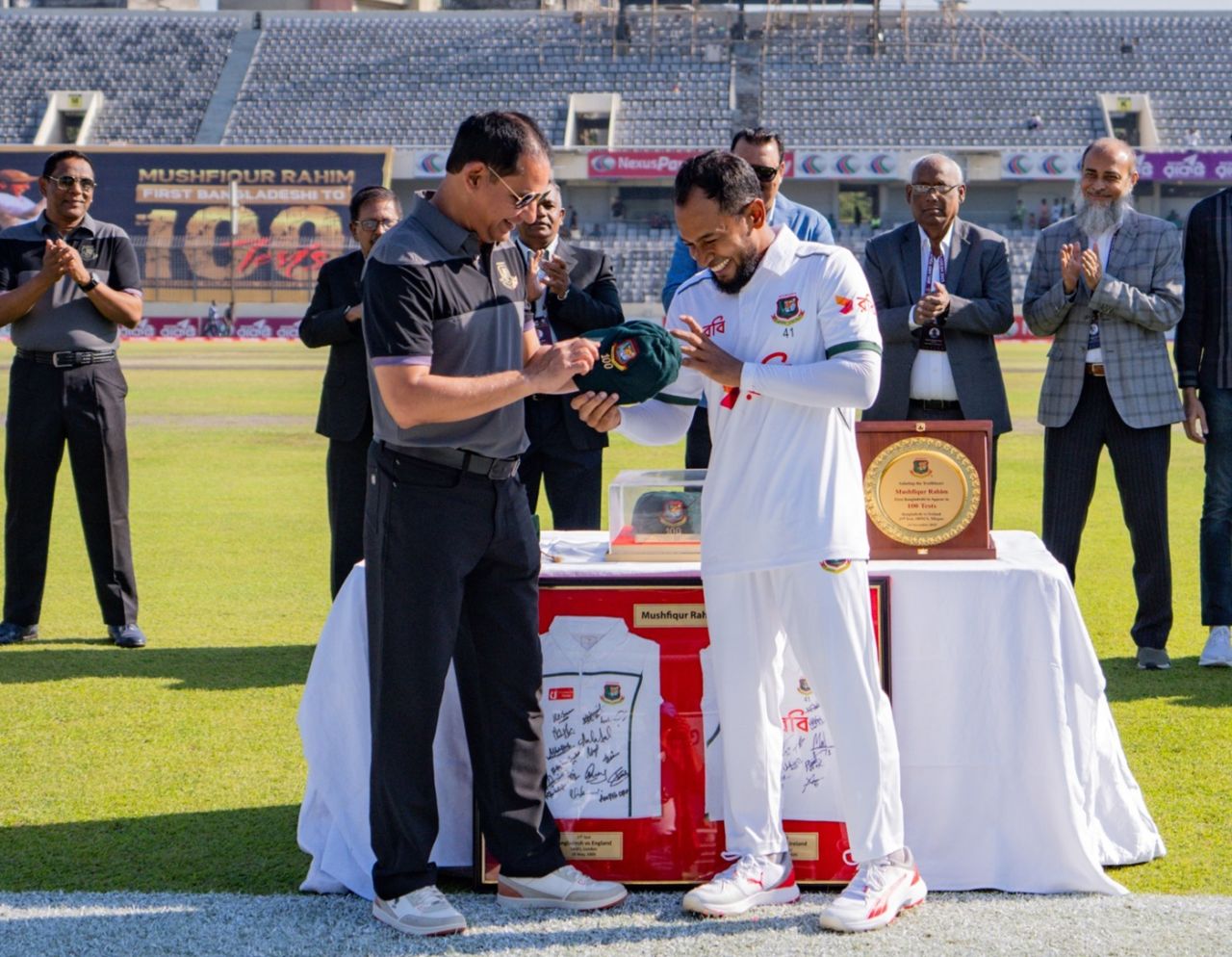 Mushfiqur Rahim is presented with his 100th Test cap by Habibul Bashar, Bangladesh vs Ireland, Day 1, 2nd Test, Mirpur, November 19, 2025 