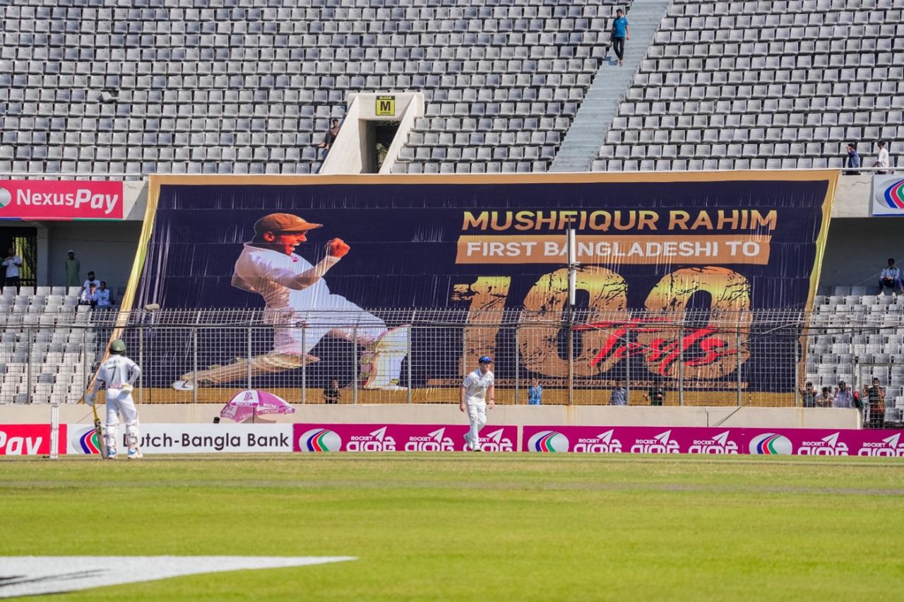 A huge poster for Mushfiqur Rahim with the significance of the Test match, Bangladesh vs Ireland, 2nd Test, Mirpur, Day 1, November 19, 2025 