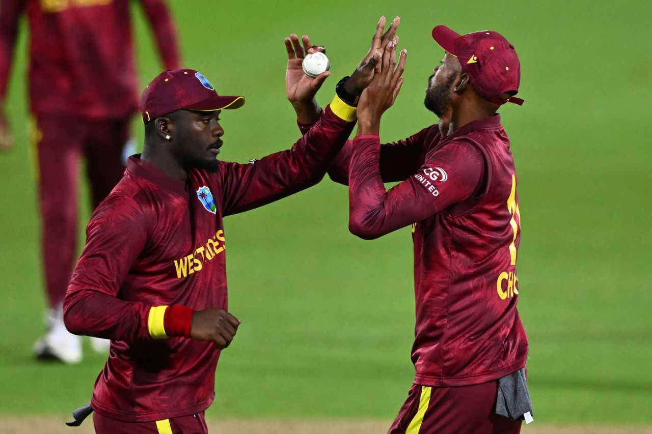 Jayden Seales and Roston Chase celebrate a wicket, New Zealand vs West Indies, 2nd ODI, Napier, November 19, 2025

