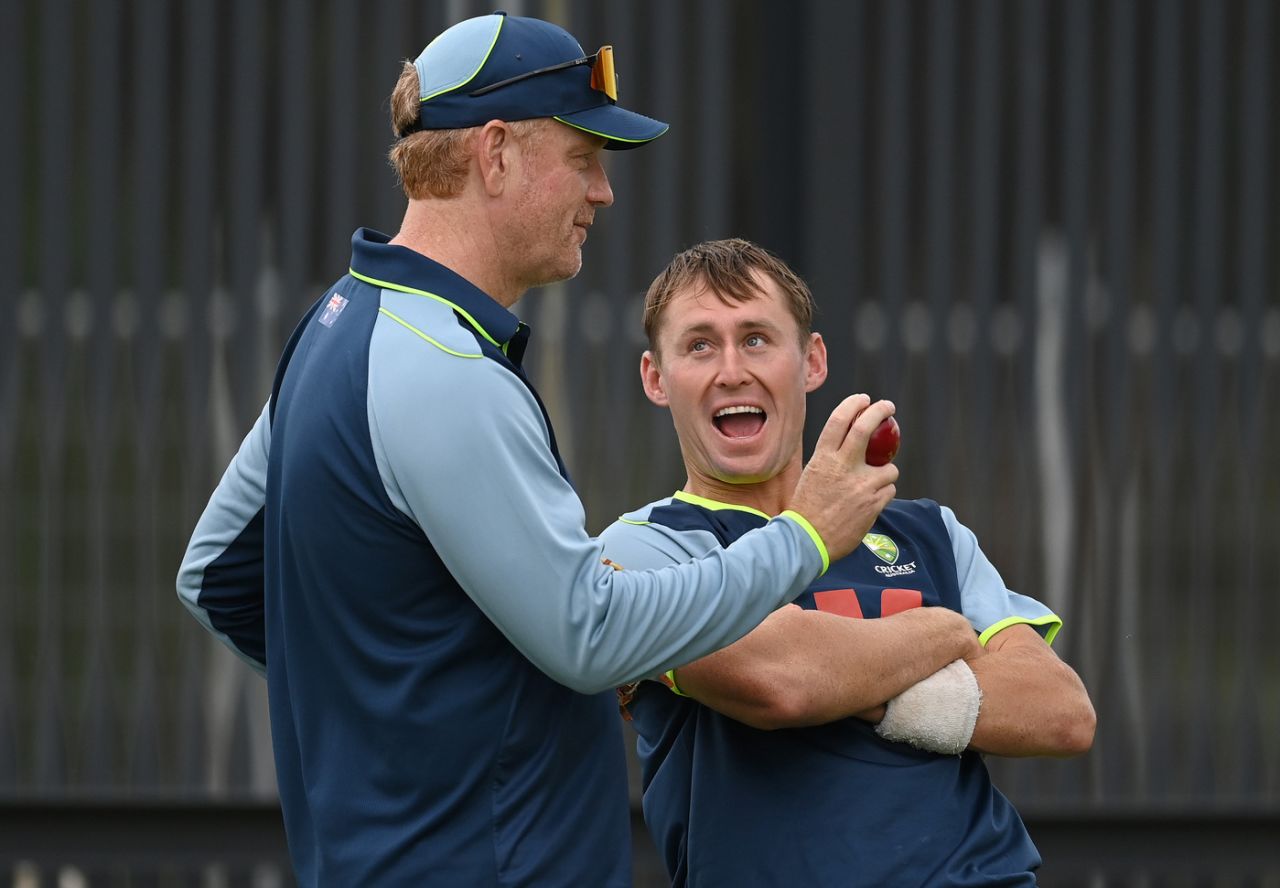 Marnus Labuschagne and Andrew McDonald share a light moment, Perth, November 19, 2025