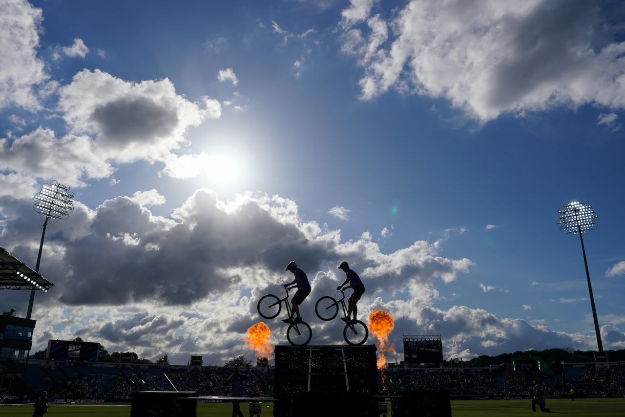 A BMX and Parkour display entertains fans in Leeds, Headingley, The Hundred, July 26, 2024