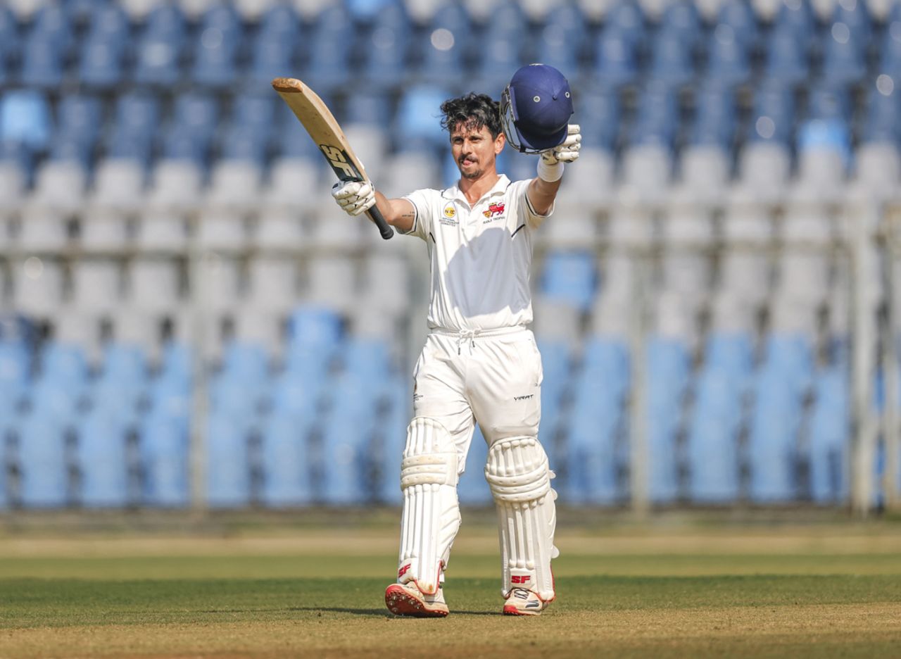 Siddhesh Lad celebrates his century, Mumbai vs Puducherry, Ranji Trophy, 2nd day, Mumbai, November 18, 2025
