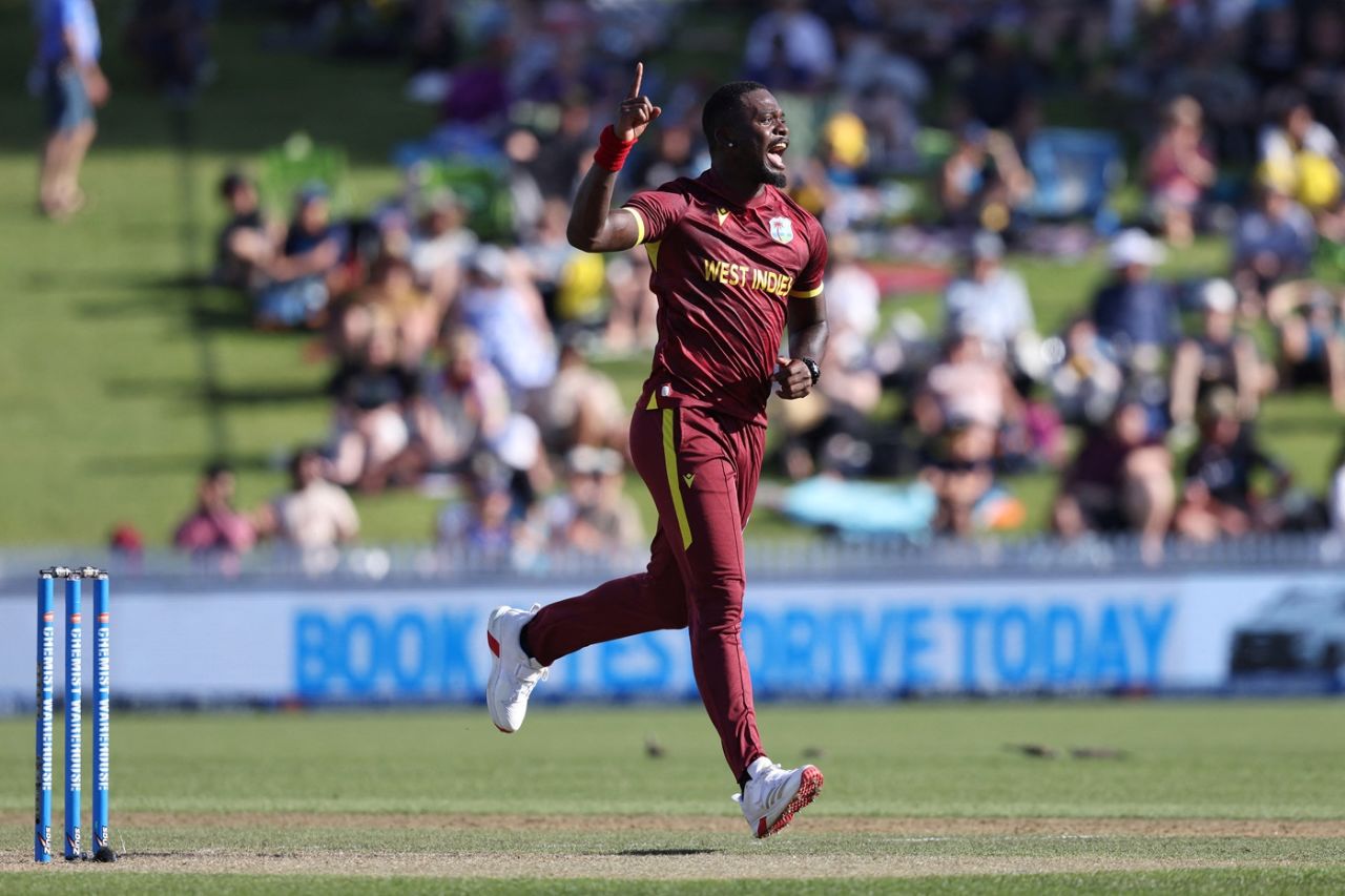 Jayden Seales celebrates after dismissing Devon Conway, New Zealand vs West Indies, 3rd ODI, Hamilton, November 22, 2025