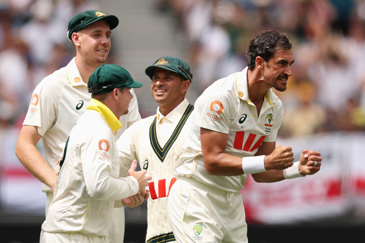 Mitchell Starc roars after claiming Ben Stokes for his 10th wicket of the match, Australia vs England, 1st Test, The Ashes, Perth Stadium, November 22, 2025