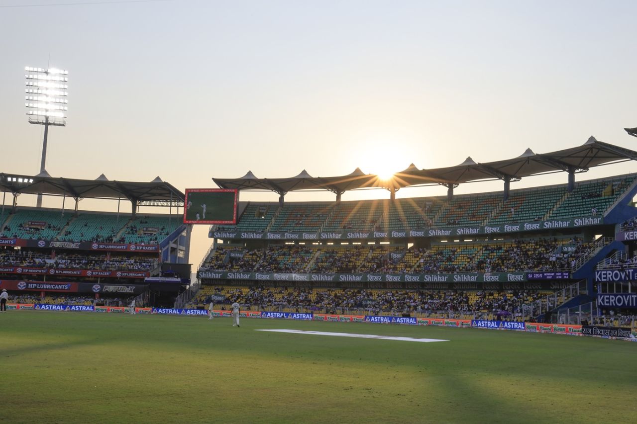 The sun sets on the Barsapara Stadium on the first day of Test cricket at the ground, India vs South Africa, 2nd Test, Guwahati, day 1, November 22, 2025