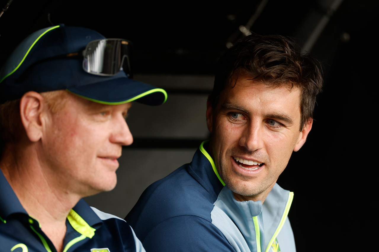 Pat Cummins sits alongside Andrew McDonald, Australia vs England, 1st Test, The Ashes, Perth Stadium, November 22, 2025