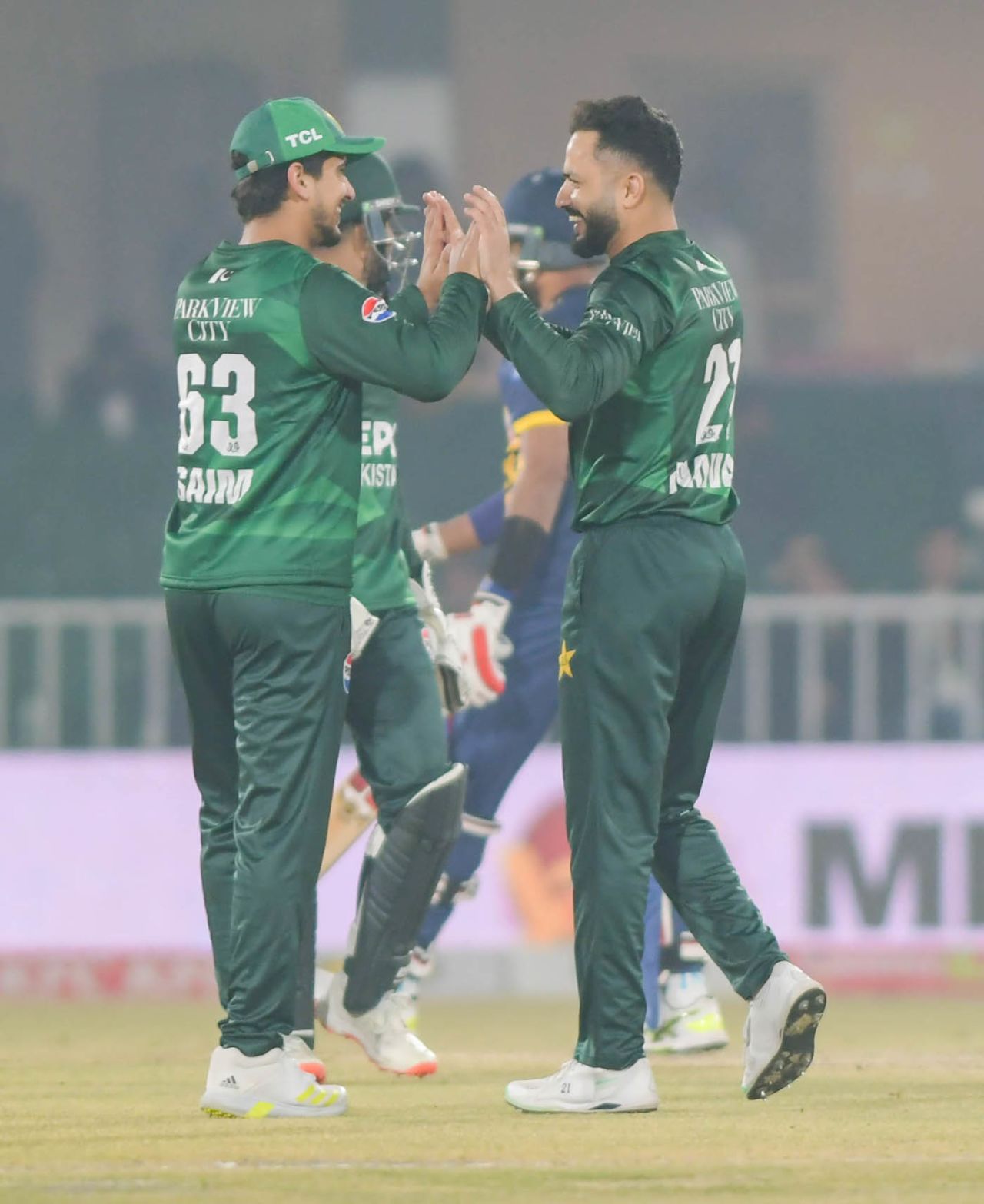 Saim Ayub celebrates one of Mohammad Nawaz's three wickets with him, Pakistan vs Sri Lanka, 3rd match, T20I tri-series, Rawalpindi, November 22, 2025