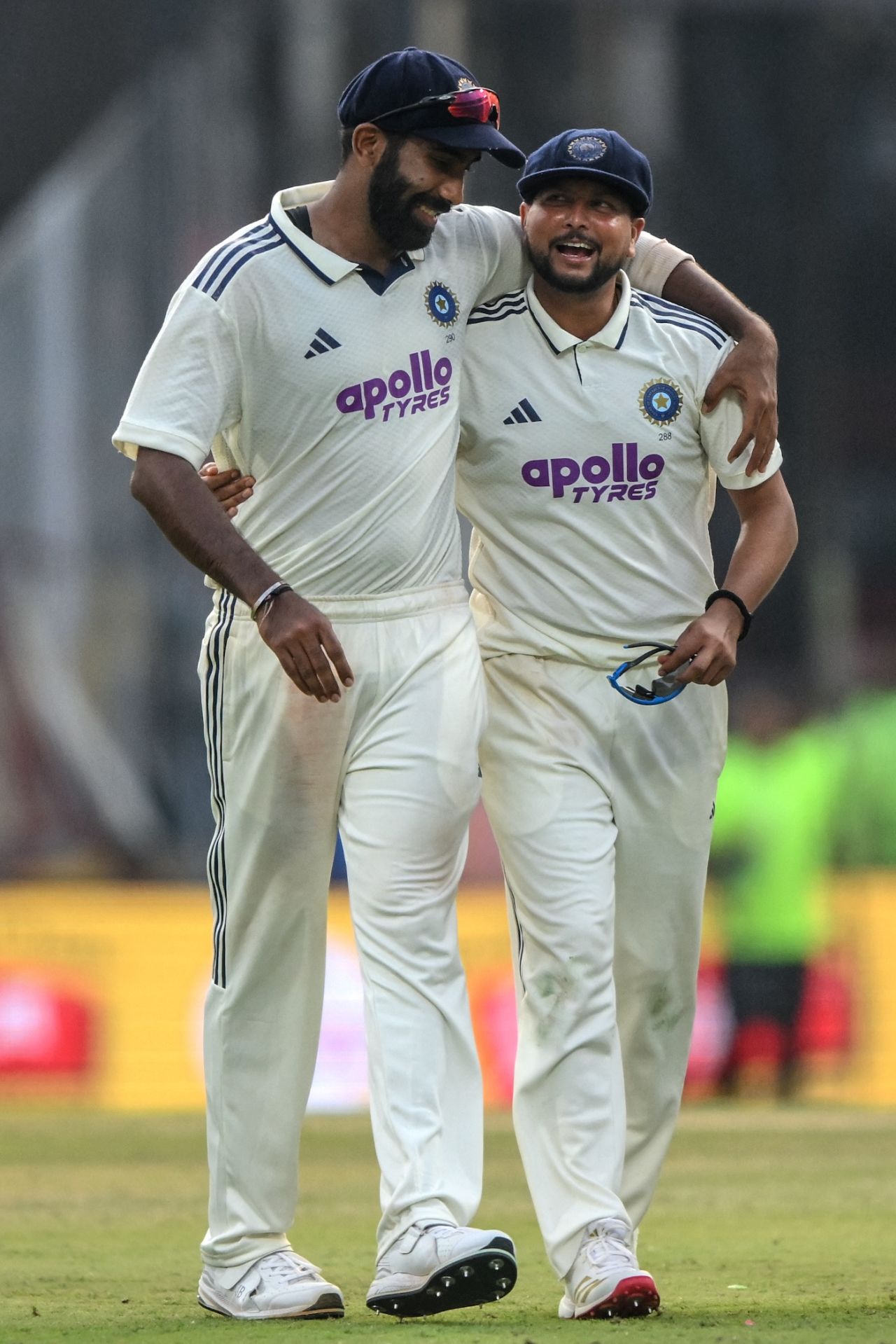 Jasprit Bumrah and Kuldeep Yadav walk off after the end of South Africa's innings, India vs South Africa, 2nd Test, Guwahati, 2nd day, November 23, 2025