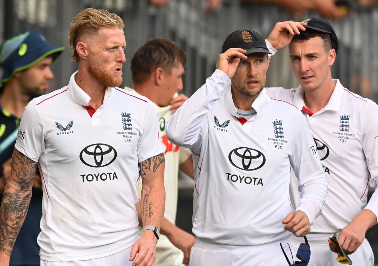 Ben Stokes, Joe Root and Harry Brook look bewildered as they leave the field in Perth, Australia vs England, 1st Test, The Ashes, Perth Stadium, November 22, 2025
