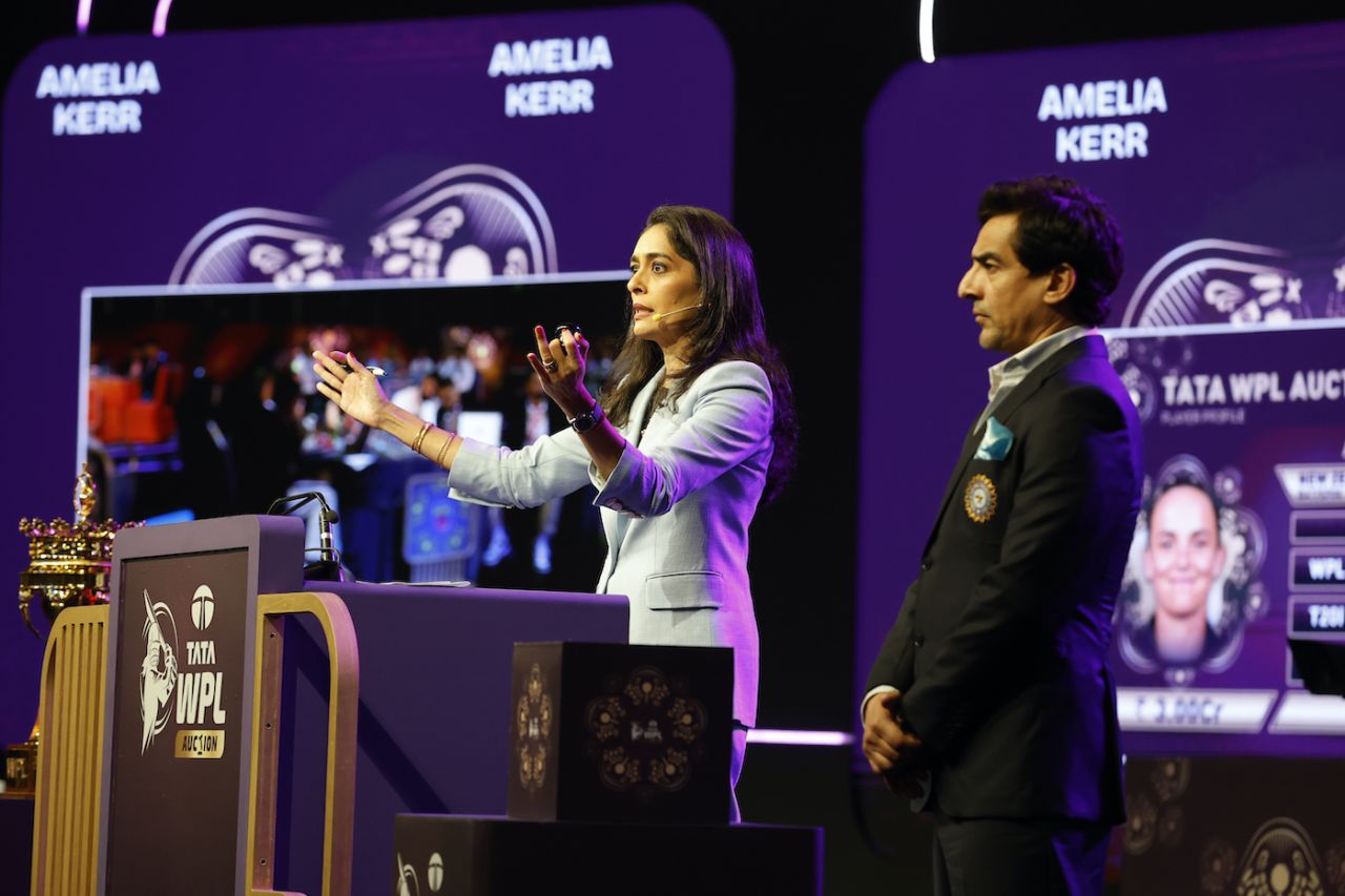 WPL Auctioneer Mallika Sagar and BCCI President Mithun Manhas watch on during the event, Delhi, November 27, 2025