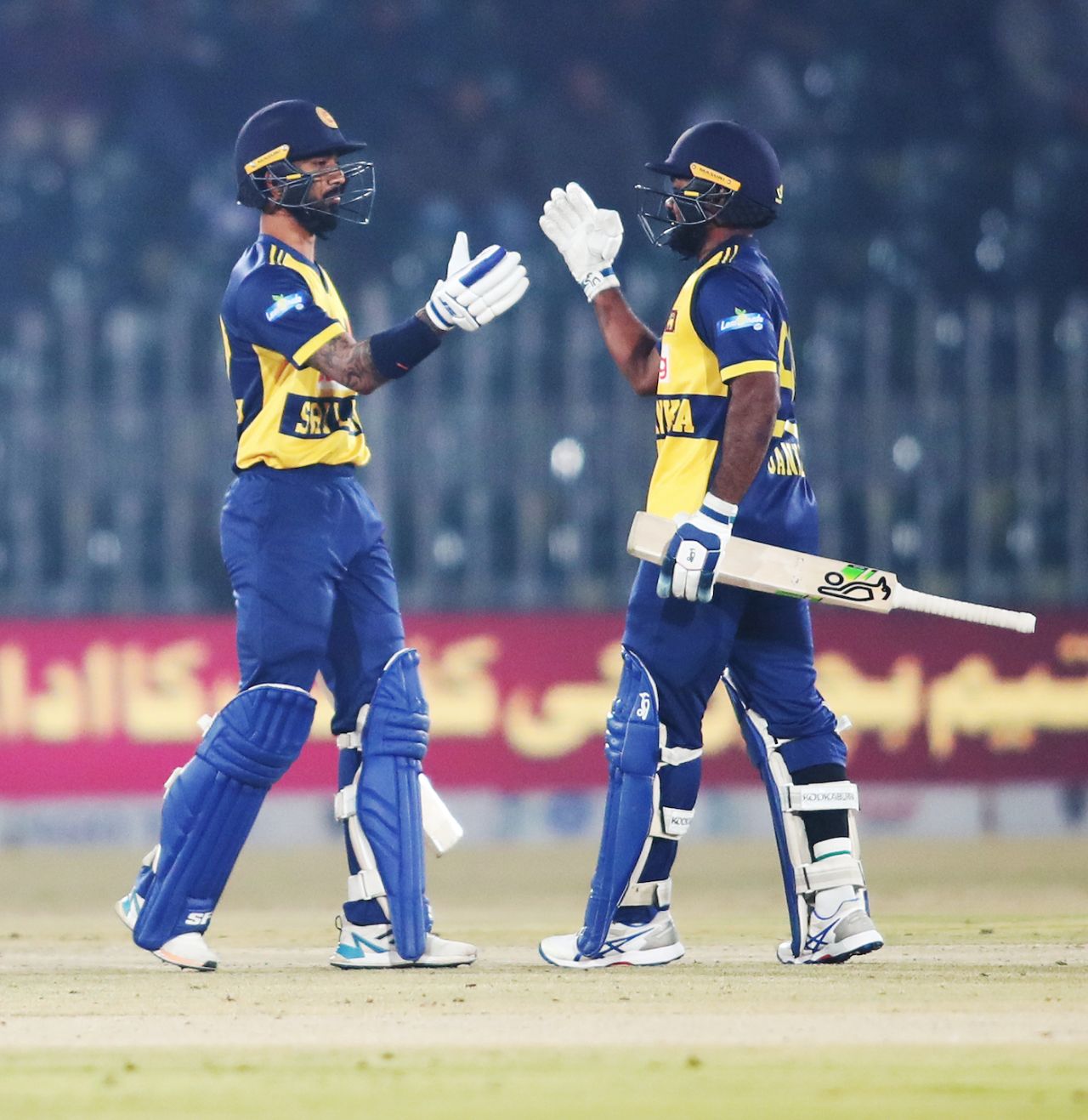 Kamil Mishara and Janith Liyanage celebrate the former's fifty, Pakistan vs Sri Lanka, 6th match, T20I tri-series, Rawalpindi, November 27, 2025
