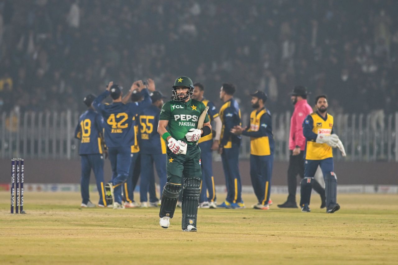 Sahibzada Farhan walks back after being dismissed by Dushmantha Chameera, Pakistan vs Sri Lanka, 6th match, T20I tri-series, Rawalpindi, November 27, 2025
