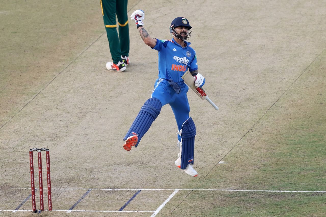 Virat Kohli leaps up in delight, India vs South Africa, 1st ODI, Ranchi, November 30, 2025