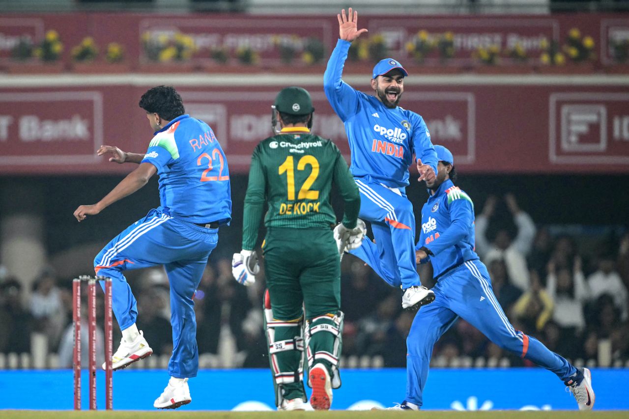 Virat Kohli and Harshit Rana celebrate Quinton de Kock's wicket, India vs South Africa, 1st ODI, Ranchi, November 30, 2025