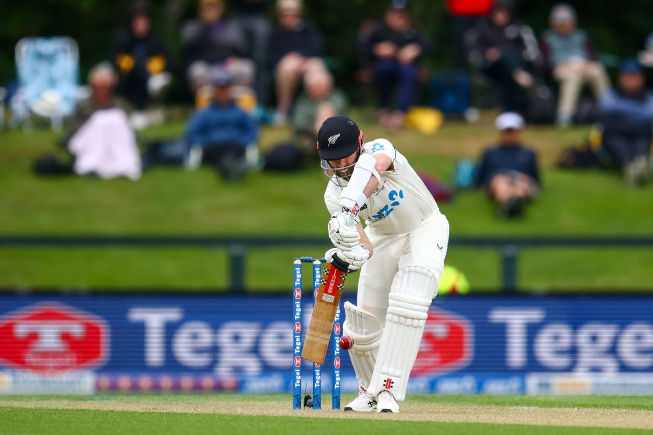 Kane Williamson blocks a full delivery, New Zealand vs West Indies, 1st Test, Day 1, Christchurch, December 2, 2025