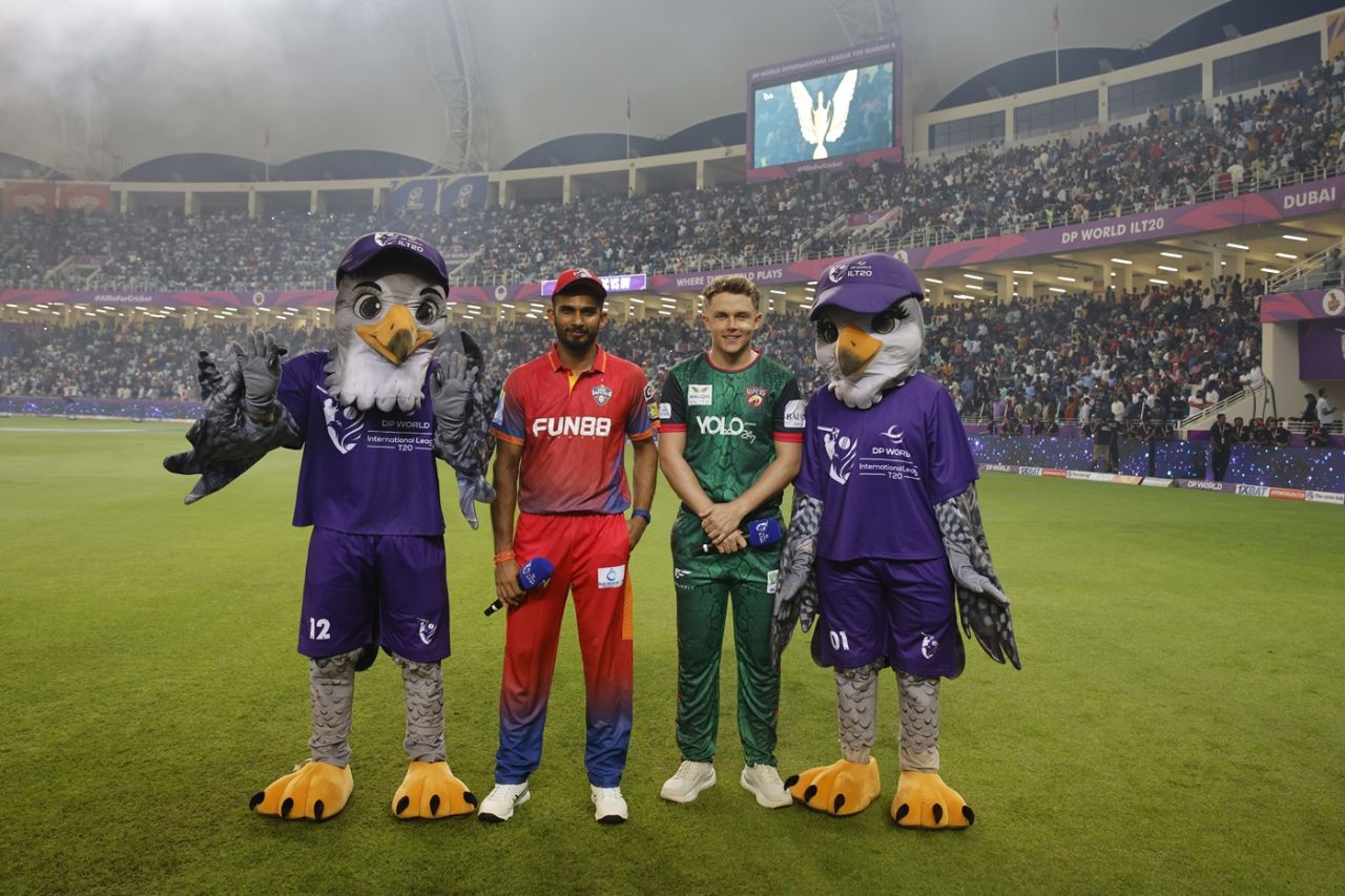 Dasun Shanaka and Sam Curran with the ILT20 mascots at the toss, Dubai Capitals vs Desert Vipers, ILT20 2025-26, Dubai, December 2, 2025
