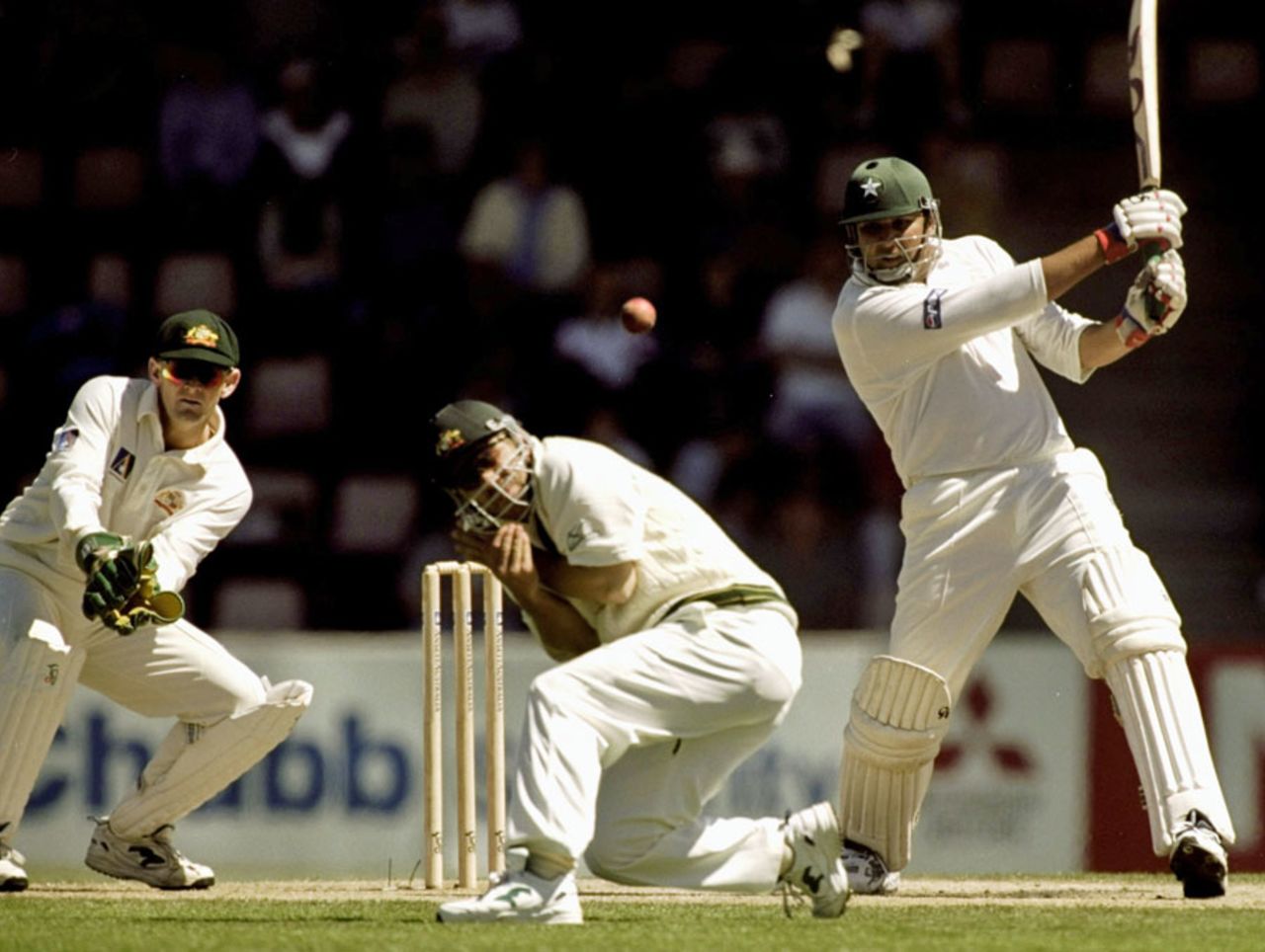 Inzamam-ul-Haq blasts a drive on his way to 118, Australia v Pakistan, 2nd Test, Hobart, 3rd day, November 20, 1999