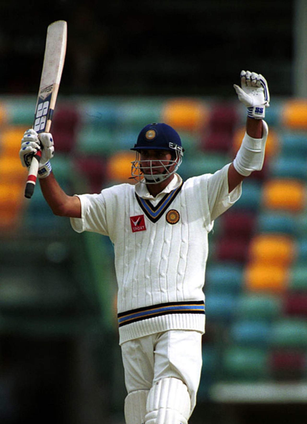 VVS Laxman celebrates scoring a century, Queensland v Indians, Brisbane, November 26, 1999