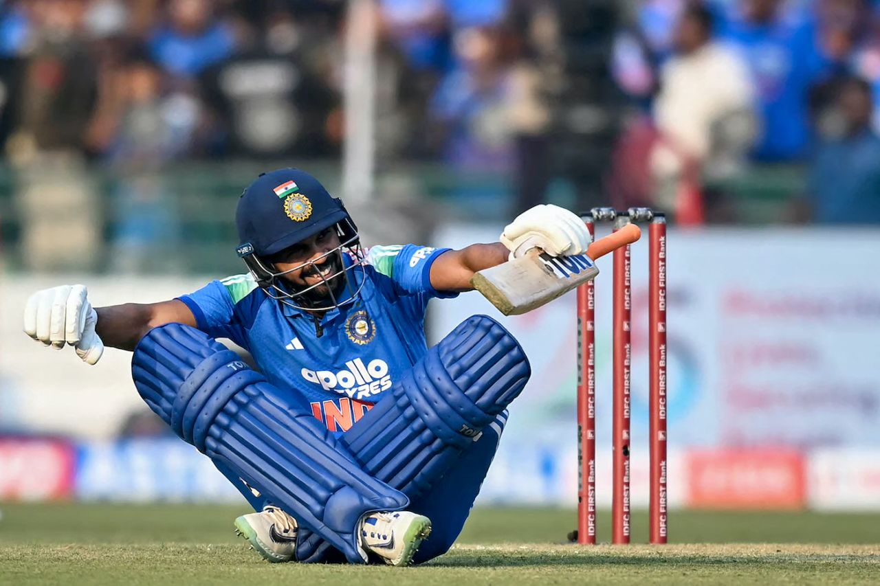 A cross-legged Ruturaj Gaikwad tries to regain his balance, India vs South Africa, 2nd ODI, Raipur, December 3, 2025